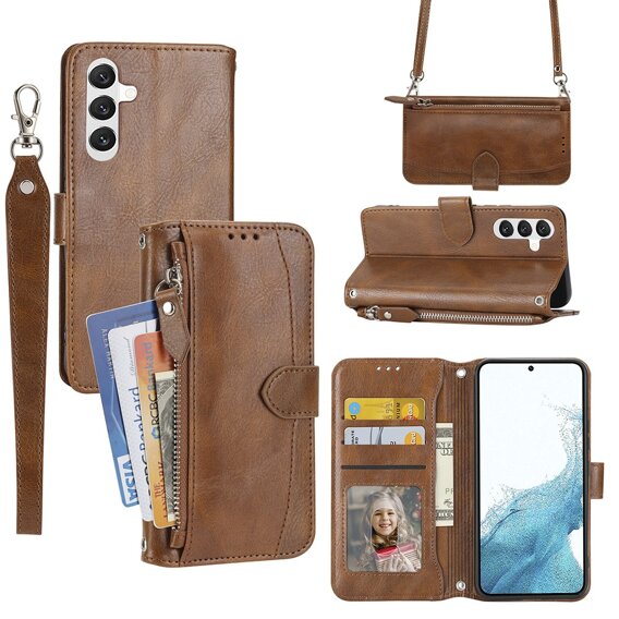 Klopové pouzdro pro Samsung Galaxy A54 5G, Wallet Zipper Pocket, s popruhem přes rameno, hnědé