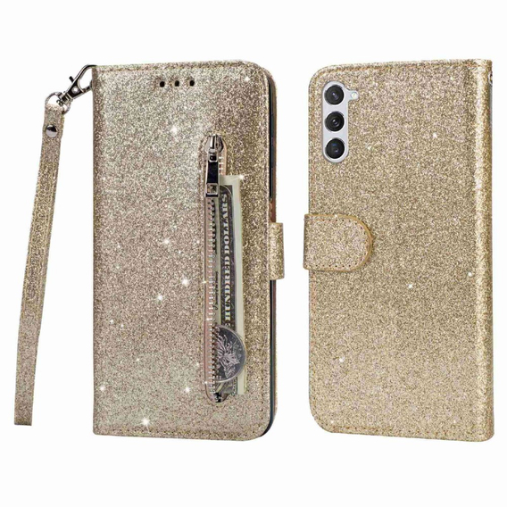 Klopové pouzdro pro Samsung Galaxy S24, Wallet Zipper Pocket Glittery, zlaté