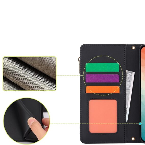 Klopové pouzdro pro Samsung Galaxy S24, Wallet Zipper Pocket RFID, s popruhem přes rameno, černé