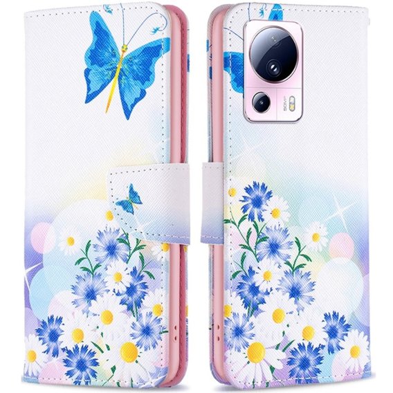 Klopové pouzdro pro Xiaomi 13 Lite, Wallet, butterfly and flowers, bílé