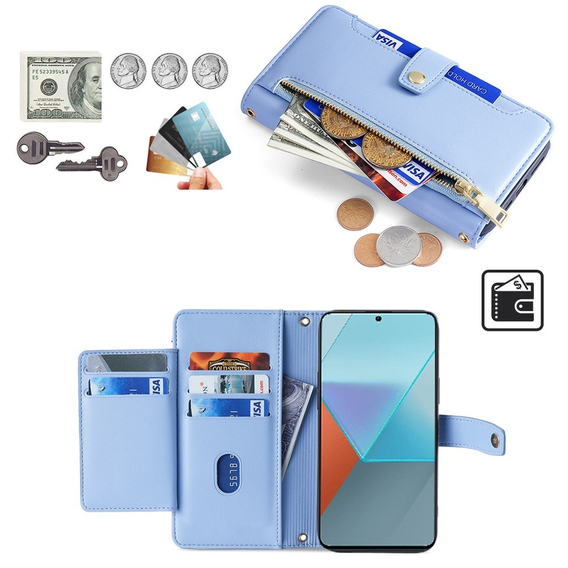 Klopové pouzdro pro Xiaomi Redmi Note 13 Pro 5G, Wallet Zipper Pocket, modré