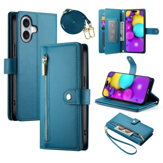 Klopové pouzdro pro iPhone 16 Plus, Wallet Zipper Pocket, modré