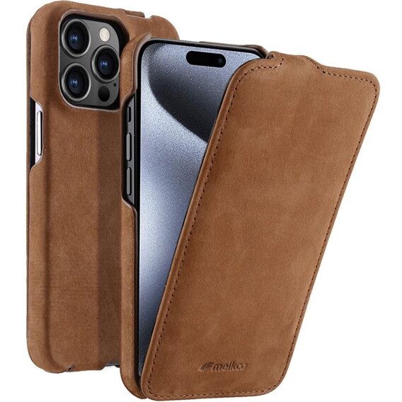 MELKCO flipové pouzdro pro iPhone 15 Pro Max, kožené, flipové, káva