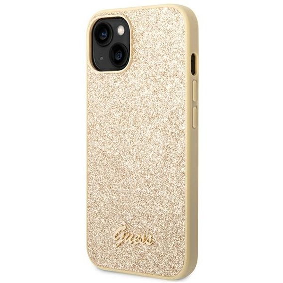 Pouzdro GUESS pro iPhone 14 Plus, Glitter Script Hardcase, zlaté