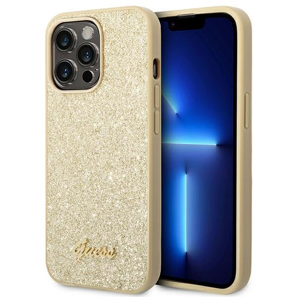 Pouzdro GUESS pro iPhone 14 Pro, Glitter Script Hardcase, zlaté