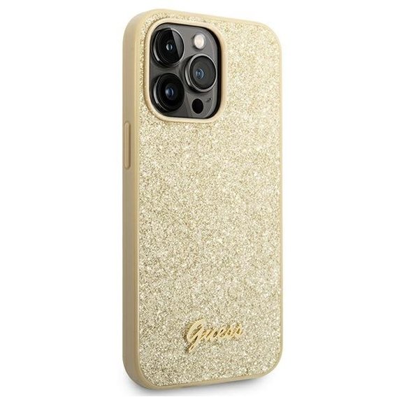 Pouzdro GUESS pro iPhone 14 Pro, Glitter Script Hardcase, zlaté