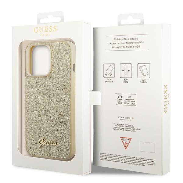 Pouzdro GUESS pro iPhone 14 Pro, Glitter Script Hardcase, zlaté