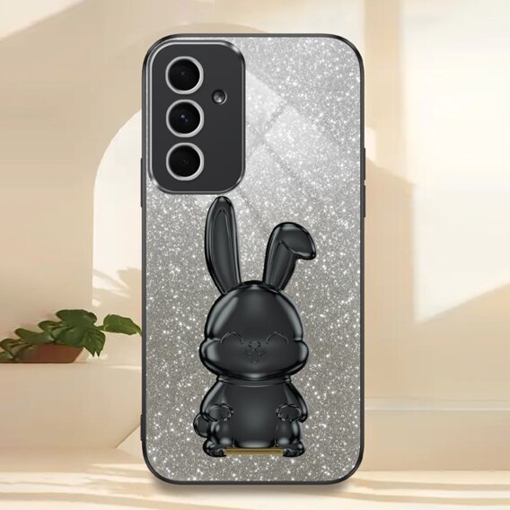 Pouzdro pro Samsung Galaxy A55 5G, Glitter Rabbit, s výsuvným stojánkem, černé