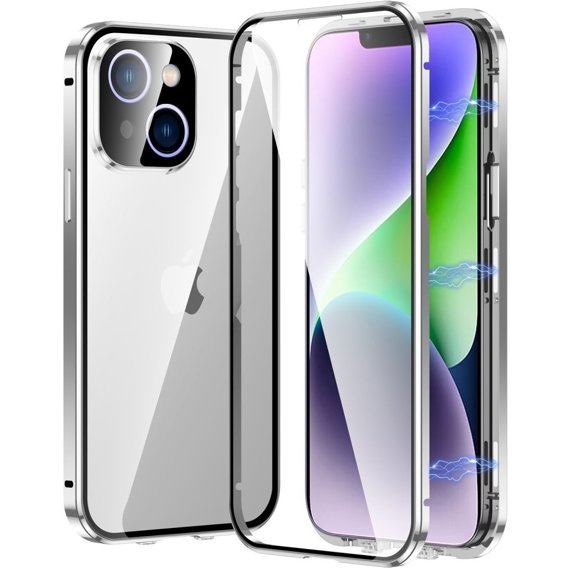 Pouzdro pro iPhone 15 Plus, Magnetic Dual Glass, stříbrné