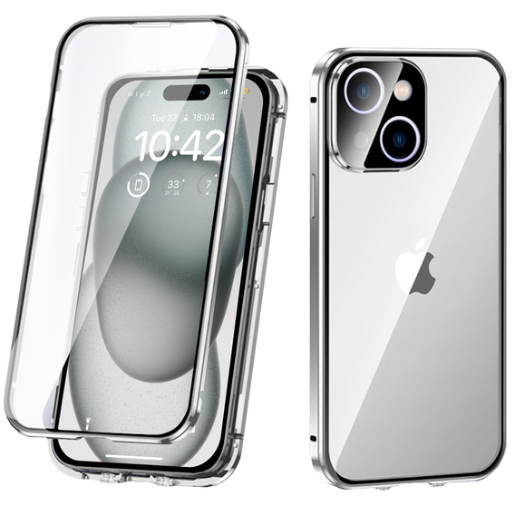 Pouzdro pro iPhone 15 Plus, Magnetic Dual Glass, stříbrné