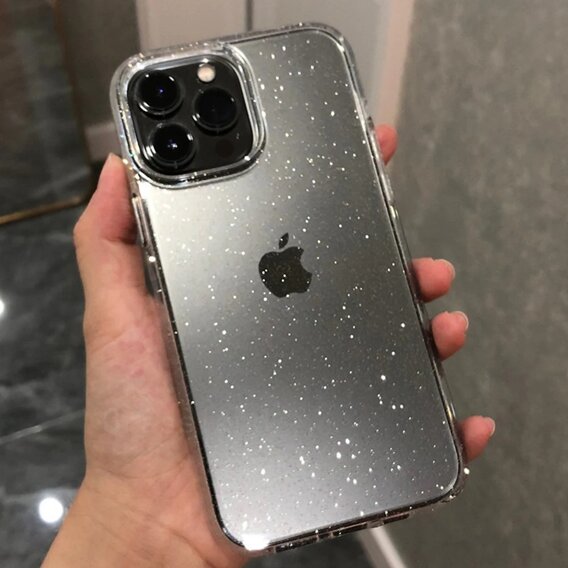 Pouzdro pro iPhone 15 Pro, silikonové s třpytkami, průhledné + 9H sklo