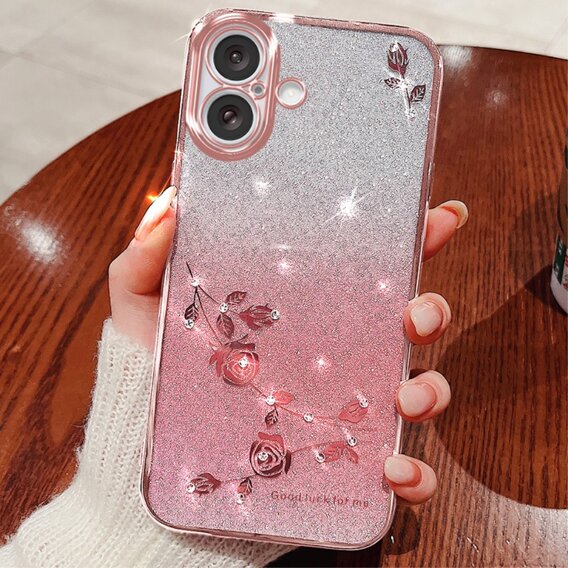 Pouzdro pro iPhone 16 Plus, Glitter Flower, růžové rose gold