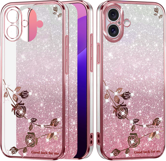 Pouzdro pro iPhone 16 Plus, Glitter Flower, růžové rose gold