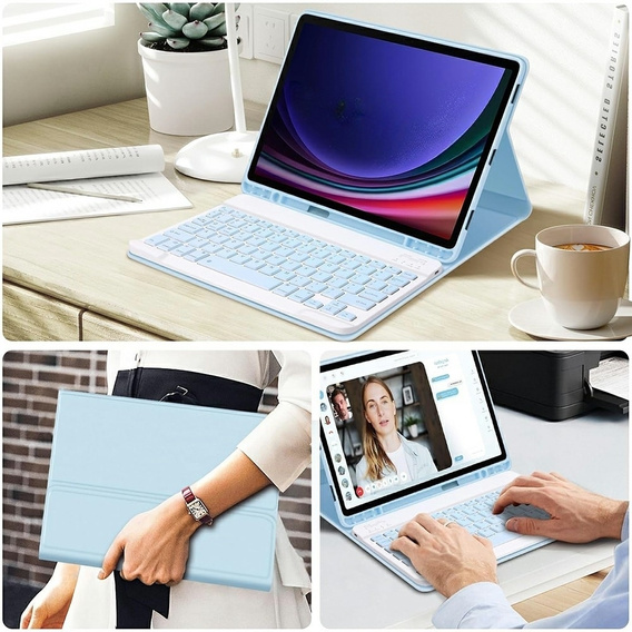 Pouzdro + klávesnice Samsung Galaxy Tab S9 FE, Leather Pen Slot, světle modré