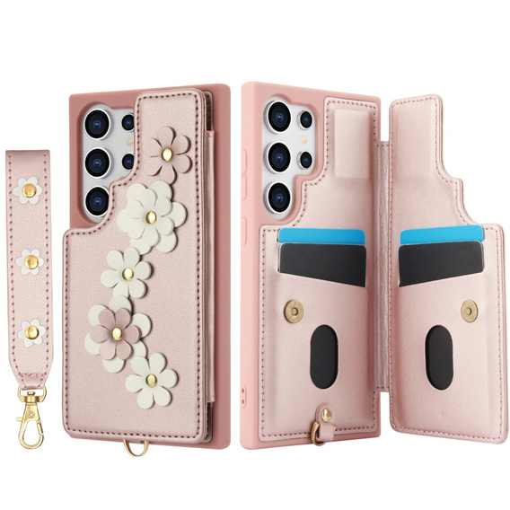 Pouzdro pro Samsung Galaxy S24 Ultra, Leather Flower Card Slot, růžové