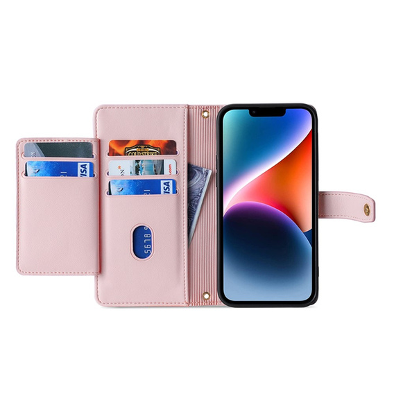 Klopové pouzdro pro iPhone 14, Wallet Zipper Pocket, růžové