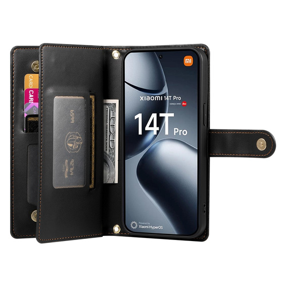 Klopové pouzdro pro Xiaomi 14T Pro, Wallet Zipper Pocket, černé
