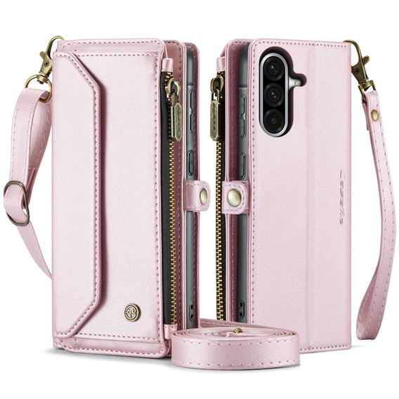 Pouzdro CASEME pro Samsung Galaxy A56 5G, RFID Leather Wallet, s popruhem přes rameno, růžové
