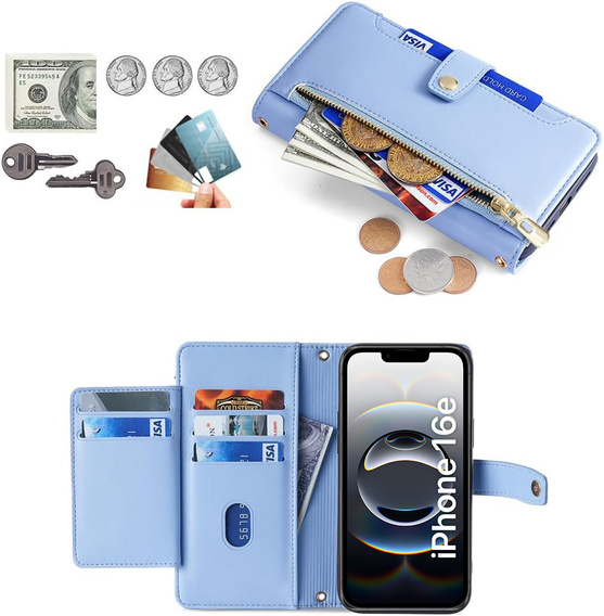Klopové pouzdro pro iPhone 16E, Wallet Zipper Pocket, modré