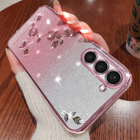 Pouzdro pro Samsung Galaxy S23, Glitter Flower, růžové rose gold