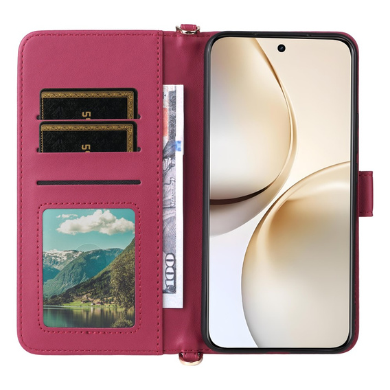 Flipové pouzdro pro Realme 14 Pro+ 5G, Crossbody Leather Wallet, tmavě růžová