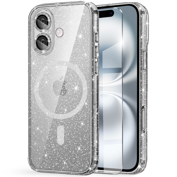 Pouzdro pro iPhone 16, ERBORD Glitter MagSafe, průhledné + sklo na displej