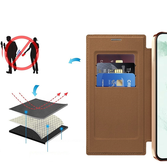 Klopové pouzdro pro Samsung Galaxy S22 Ultra 5G, RFID Wallet MagSafe CamShield, hnědé