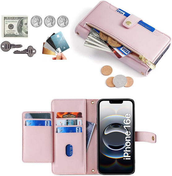 Klopové pouzdro pro iPhone 16E, Wallet Zipper Pocket, růžové