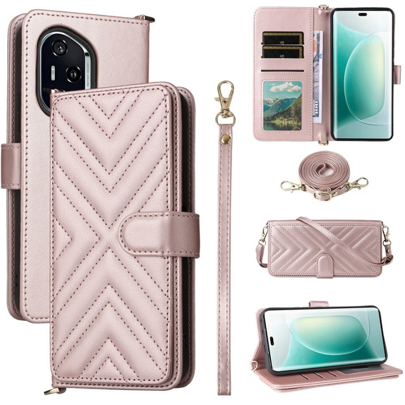 Flipové pouzdro pro Honor 400 5G, Crossbody Leather Wallet, růžové