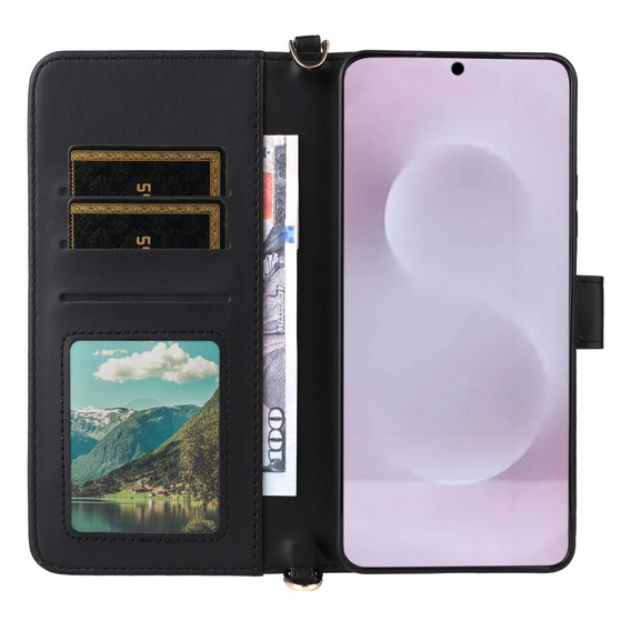 Flipové pouzdro pro Samsung Galaxy S25 Edge, Crossbody Leather Wallet, černé