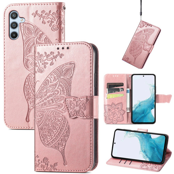 Klopové pouzdro pro Samsung Galaxy A17 5G, peněženka, Butterfly, růžově zlaté