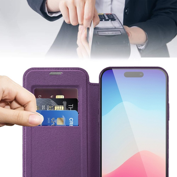 Klopové pouzdro pro iPhone 15, RFID Wallet MagSafe CamShield, fialové