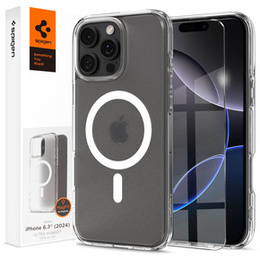 Pouzdro MagSafe Spigen pro iPhone 16 Pro, Ultra Hybrid, transparentní / bílé + 9H tvrzené sklo