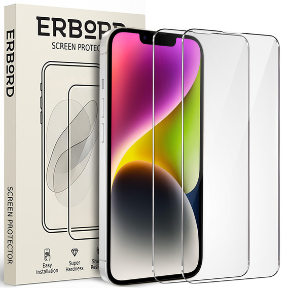 2x tvrzené sklo pro iPhone 14, ERBORD 9H Hard Glass na displeji