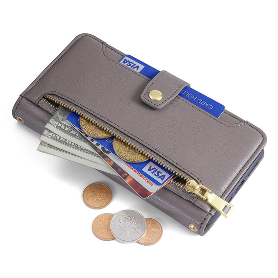Klopové pouzdro pro OnePlus 12 5G, Wallet Zipper Pocket, šedé