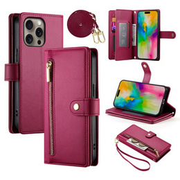 Klopové pouzdro pro iPhone 16 Pro, Wallet Zipper Pocket, červené