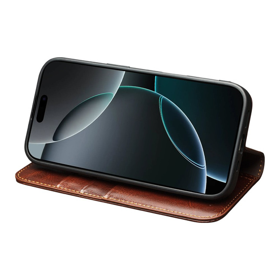 QIALINO Flipové pouzdro z pravé hovězí kůže pro iPhone 17 Pro Max, hnědé