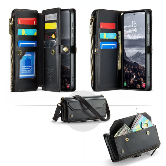 Pouzdro CASEME pro Samsung Galaxy S24 FE, RFID Leather Wallet, s popruhem přes rameno, černé