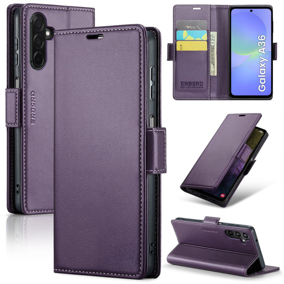 Pouzdro pro Samsung Galaxy A36, ERBORD Glossy Litchi, flipová peněženka, fialové