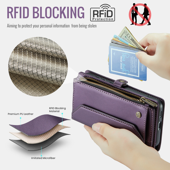 Pouzdro CASEME pro Samsung Galaxy S25 FE, RFID Leather Wallet, s popruhem přes rameno, fialové