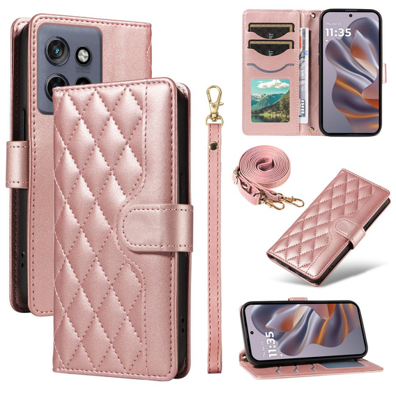 Pouzdro s klopou pro Motorola Edge 50 Neo / Motorola ThinkPhone 25, Rhombus Crossbody Leather, růžové rose gold