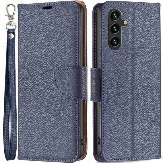 Klopové pouzdro pro Samsung Galaxy A15, Wallet Litchi Leather, modré + 9H sklo 