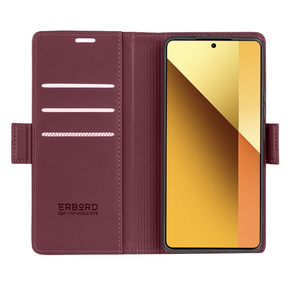 Pouzdro pro Xiaomi Redmi Note 13 5G, ERBORD Glossy Litchi, flipová peněženka, červené