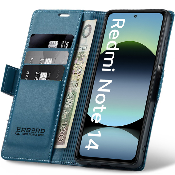 Pouzdro pro Xiaomi Redmi Note 14 5G, ERBORD Glossy Litchi, flipová peněženka, modré