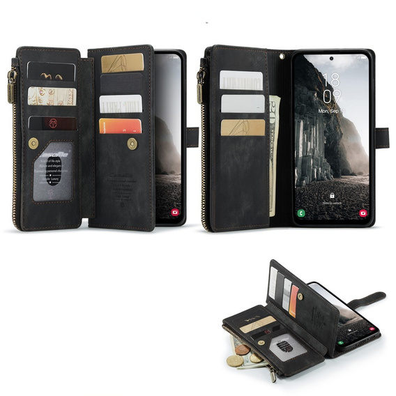 Pouzdro CASEME pro Samsung Galaxy A56 5G, Leather Wallet Cash and Card Slots, s poutkem, černé