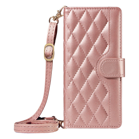 Pouzdro s klopou pro iPhone 16E, Rhombus Crossbody Leather, růžové rose gold
