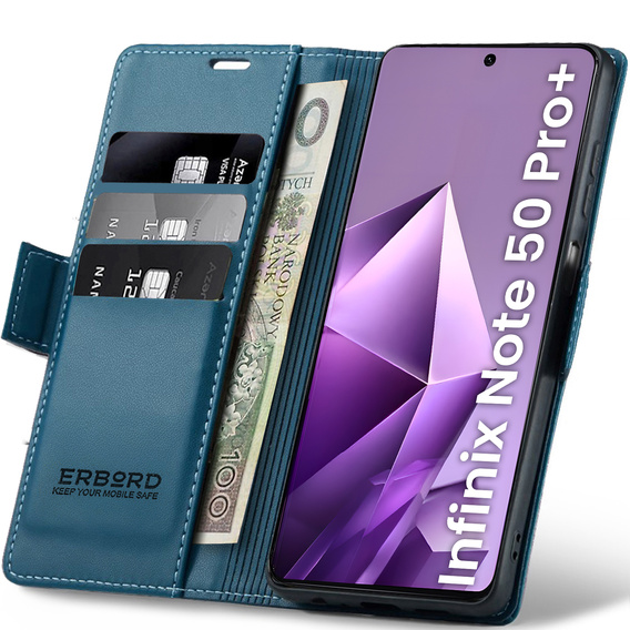 Pouzdro pro Infinix Note 50 Pro+, ERBORD Glossy Litchi, flipová peněženka, modré