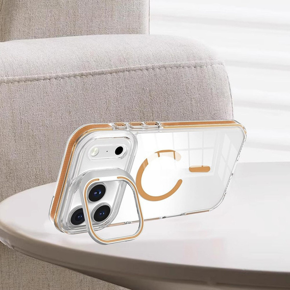Pouzdro pro iPhone 17 Pro, pro MagSafe, se stojánkem, průhledné se zlatými vložkami
