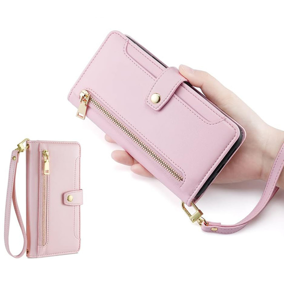 Klopové pouzdro pro Samsung Galaxy A16, Wallet Zipper Pocket, růžové