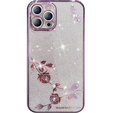 Pouzdro pro iPhone 13 Pro, Glitter Flower, fialové